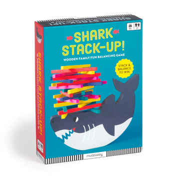Shark Stack Up! Wooden Balancing Game - Colorful wooden blocks stacked on a cartoon shark on a handmade Canadian balancing game gift box.