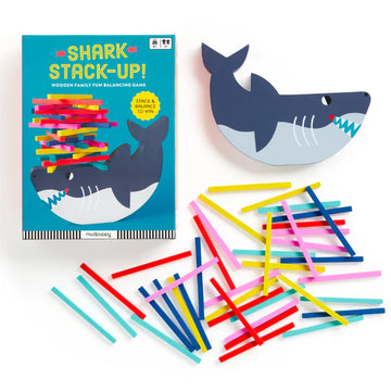 Shark Stack Up! Wooden Balancing Game - Shark Stack Up! wooden balancing game with colorful sticks and a smiling handmade Canadian shark, unique gift for kids.