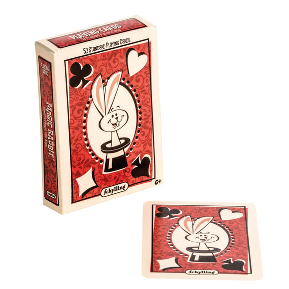 Magic Rabbit Card Tricks - Magic Rabbit Card Tricks game box and card with red, white, and black playful rabbit design, unique Canadian handmade gift.