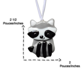 Raccoon Ornament - Handmade Canadian raccoon ornament in black and white, unique gift with hanging ribbon.