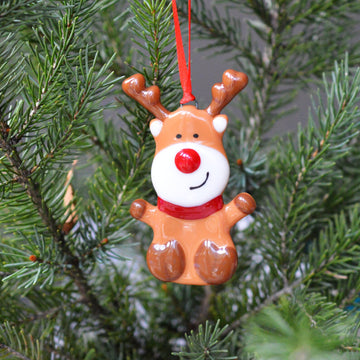 Reindeer Ornament - Handmade Canadian reindeer ornament with red nose and scarf, unique Christmas gift.
