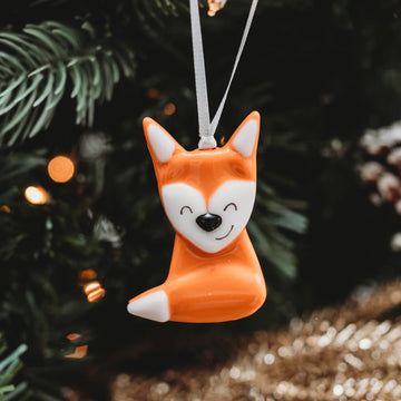 Fox Ornament - Handmade Canadian fox ornament with orange and white glaze, unique gift for Christmas decor.