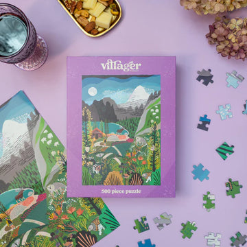 Villager Puzzles | Rockies Explorer | 500-Piece Puzzle for Adults - Villager Puzzles Rockies Explorer 500-piece handmade Canadian jigsaw puzzle with mountain and nature scene in vibrant.