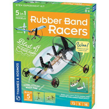 Rubber Band Racers - Rubber Band Racers STEM kit box showcasing 5 handmade racer models, Canadian gift for kids 8+.