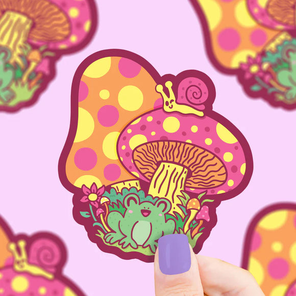 Happy Frog and Snail Mushroom Patch Vinyl Sticker