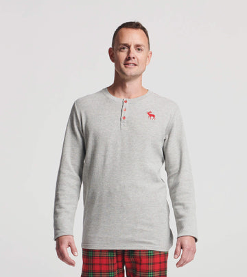 Men's Elk Fair Isle Waffle Henley - Men's light gray waffle knit Henley with red elk embroidery, handmade Canadian winter gift shirt.