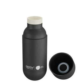 Orb Pastel Pink - Matte black insulated bottle with white rim and matching black screw-on lid featuring silicone seal.