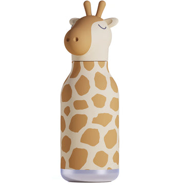 Giraffe Bestie Bottle | Asobu - Unique handmade Canadian giraffe-themed kids water bottle with a smiling face and spotted design.