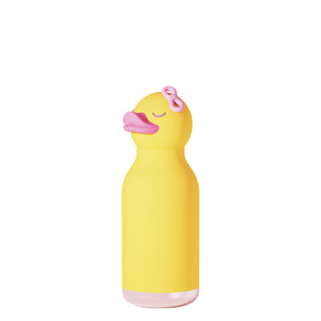 Ducky Bestie Bottle | Asobu - Yellow duck-shaped water bottle with pink beak and bow, unique handmade Canadian gift.