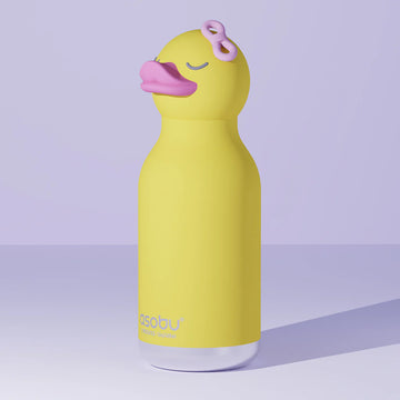 Ducky Bestie Bottle | Asobu - Yellow duck-shaped Asobu water bottle with pink beak and bow, unique handmade Canadian gift.