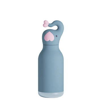 Elephant Bestie Bottle | Asobu - Blue silicone and stainless steel water bottle with elephant-shaped lid and heart detail, unique handmade Canadian gift.
