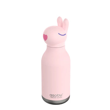 Bunny Bestie Bottle | Asobu - Pink bunny-shaped water bottle with closed eyes and heart cheek, unique handmade Canadian gift.