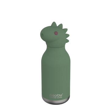 Dinosaur Bestie Bottle | Asobu - Green dinosaur-shaped reusable bottle with spiked head and Asobu logo, unique handmade Canadian gift.