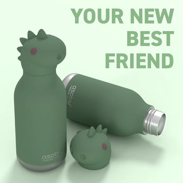 Dinosaur Bestie Bottle | Asobu - Green dinosaur-shaped handmade Canadian water bottle, unique kids gift with engraved logo.