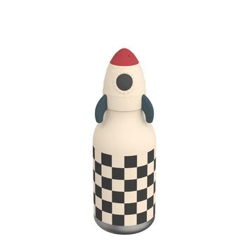 Rocketship Bestie Bottle | Asobu - Handmade Canadian rocketship-shaped water bottle with red tip and black-and-white checkerboard design, unique gift for kids.