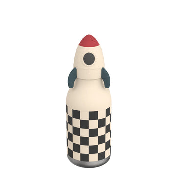 Rocketship Bestie Bottle | Asobu - Handmade Canadian rocketship-shaped water bottle with red tip and black-and-white checkerboard design, unique gift for kids.
