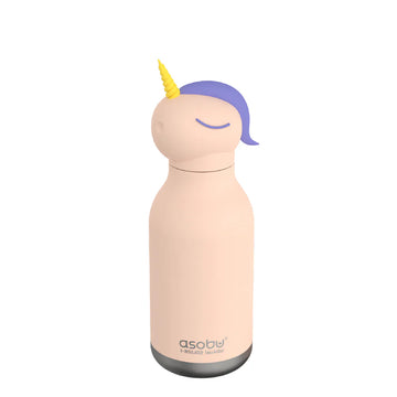 Unicorn Bestie Bottle | Asobu - Matte pink unicorn-shaped bottle with purple mane and yellow horn, unique handmade Canadian gift.