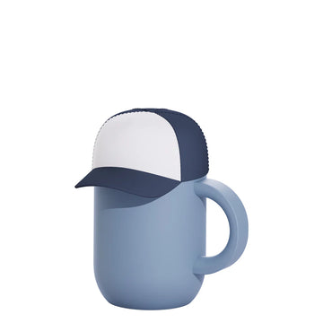 Happy Hats Trucker Cap Blue - Blue ceramic mug with a handle topped by a blue and white trucker cap lid.