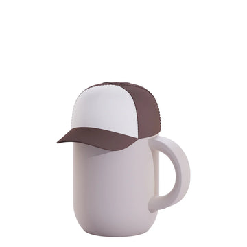 Happy Hats Trucker Cap Brown - Brown and white mesh trucker cap with curved brim on a white ceramic mug handle.