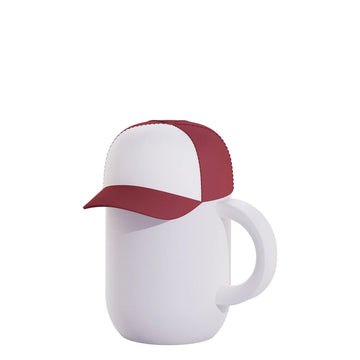 Happy Hats Trucker Cap Red - White ceramic mug with a sturdy handle topped by a red and white mesh trucker cap lid.