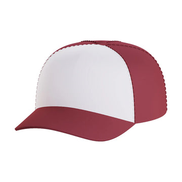 Happy Hats Trucker Cap Red - Red and white mesh trucker cap with curved brim and adjustable back strap.