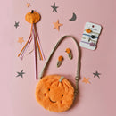 Little Pumpkin Bag - Small round orange plush pumpkin bag with a smiling face and gold strap, paired with matching pumpkin hair clips and wand on