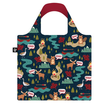 Sorry Tote Bag - Handmade Canadian tote bag with playful woodland dogs, trees, and "Sorry" speech bubbles, unique gift design.