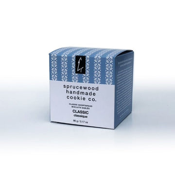 Classic Shortbread Cookies | Sprucewood Handmade Cookie Co - Blue patterned box of Sprucewood Handmade Cookie Co. classic shortbread cookies, ideal unique Canadian gift.