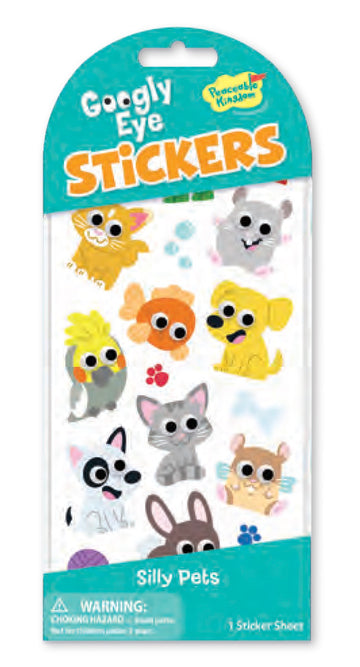 Googly Eye: Silly Pets Stickers - Sheet of colorful handmade Googly Eye Silly Pets stickers with various animals, Canadian gift design.