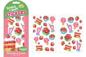 Strawberry Sweets Scratch & Sniff Stickers - Strawberry-themed scratch & sniff stickers with cakes, strawberries, and drinks, unique Canadian handmade gift.