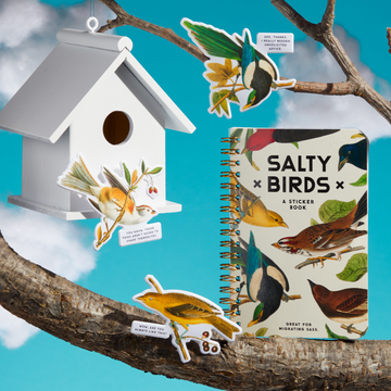 Salty Birds Sticker Book - Salty Birds sticker book with colorful bird illustrations, displayed with birdhouse and handmade Canadian gift tags on tree.