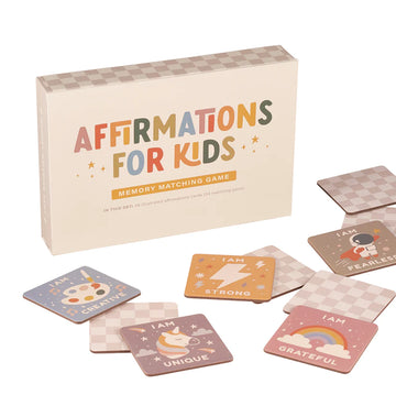 Affirmations for Kids Memory Matching Game - Affirmations for Kids Memory Matching Game box with colorful, handmade Canadian cards featuring positive messages, ideal gift.