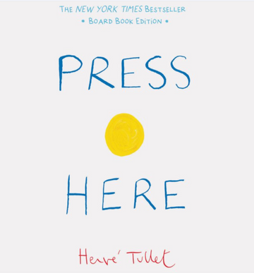 Press Here - Minimalist white board book cover titled Press Here with playful blue text and a yellow dot, unique Canadian gift.