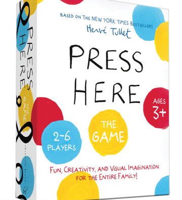 Press Here Game - Press Here Game box with colorful dots, handwritten-style text, unique handmade Canadian gift for kids ages 3+.