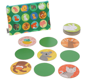 Animals + Babies Matching Game - Animals + Babies matching game with colorful animal illustrations, green patterned pouch, handmade Canadian gift.