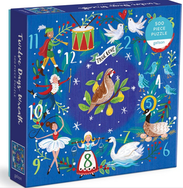 12 Days Wreath 500pc Puzzle - 12 Days wreath 500-piece jigsaw puzzle with colorful Christmas-themed illustrations, unique handmade Canadian gift.