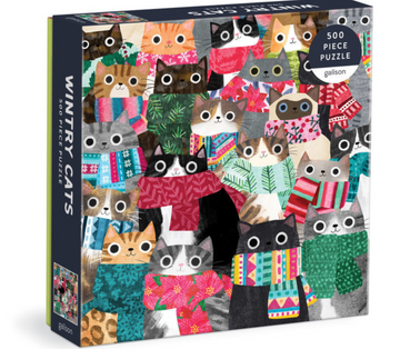 Wintry Cats 500pc Puzzle - Wintry Cats 500-piece puzzle featuring colorful cats in festive scarves, unique handmade Canadian gift.