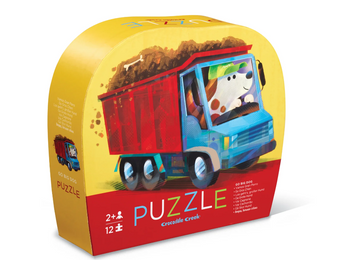 12 PC Mini Puzzle: Go Big Dog - Colorful 12-piece mini jigsaw puzzle featuring a blue truck with a black and white dog, unique Canadian handmade gift.