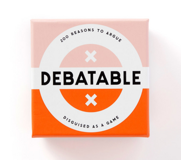 Debatable Game Set - Debatable Game Set box in pink and orange with bold black text, unique handmade Canadian gift.