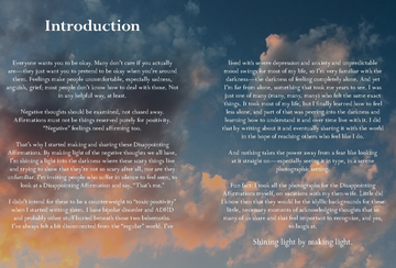 Disappointing Affirmations - Booklet titled "Introduction" with white text on a blue background, showcasing handmade Canadian stationery gift with unique .