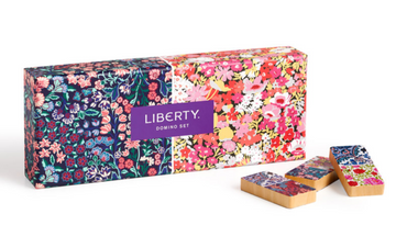 Liberty Floral Wood Domino Set - Handmade Canadian wooden domino set with vibrant Liberty floral pattern gift box and tiles.