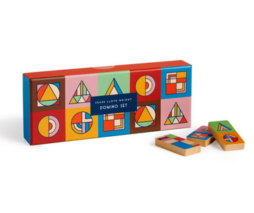 Frank Lloyd Wright Wood Domino Set - Frank Lloyd Wright wood domino set with colorful geometric designs, unique handmade Canadian gift packaging.