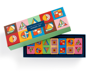 Frank Lloyd Wright Wood Domino Set - Frank Lloyd Wright handmade wooden domino set with colorful geometric designs, unique Canadian gift.