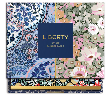 Liberty Floral Greeting Assortment Notecard Set - Set of 16 handmade Liberty floral notecards in blue and pink, unique Canadian gift packaging.