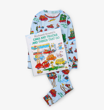 Cars and Trucks and Things that Go Book and Pajama Set - Kids' handmade Canadian pajama set with colorful cars, trucks, and matching storybook, unique gift for ages 2-4 years.