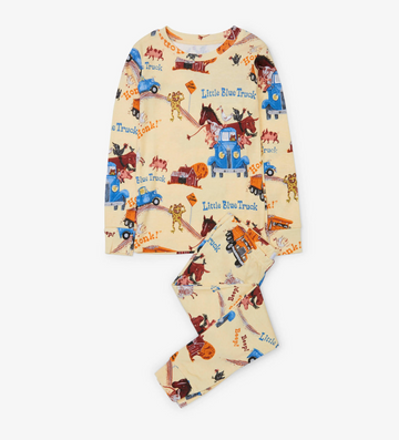Little Blue Truck Book and Pajama Set - Cream-colored kids pajamas with colorful Little Blue Truck and farm animal prints, unique handmade Canadian gift.