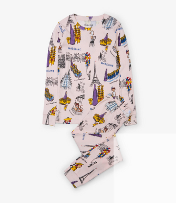 Madeline Pajamas - Light purple cotton pajamas with whimsical animal and nature illustrations in bright colors, long sleeves and pants.
