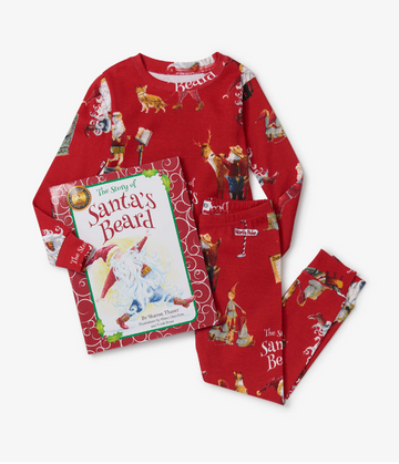 The Story Of Santa's Beard Book and Pajama Set - Red children's pajama set with festive holiday illustrations and matching Christmas storybook, unique Canadian gift,.