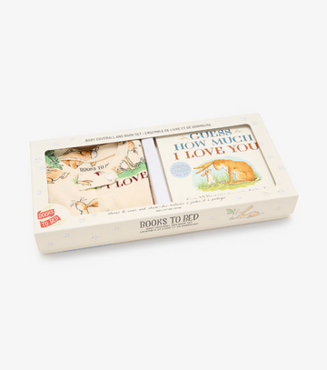 Guess How Much I Love You Book and Infant Coverall - Set including a soft cream infant coverall with animal prints and the "Guess How Much I Love You" storybook in a beige box.