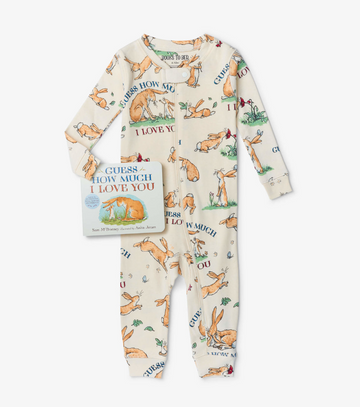 Guess How Much I Love You Book and Infant Coverall - White baby coverall with "Guess How Much I Love You" print and matching children’s book, unique handmade Canadian gift.